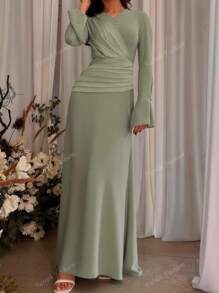1pc Pea Green Elegant Wedding Guest Long Dress With Long Sleeves For Women,Modest