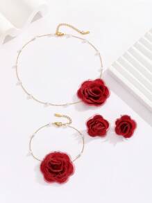MESTILO 4 peças/Conjunto Colar, Pulseira, Brincos em Aço Inoxidável 18K com Rosa de Tecido, Conjunto de Joias para Mulheres, Uso Diário/Encontros (Quantidade de Pérolas Aleatória)