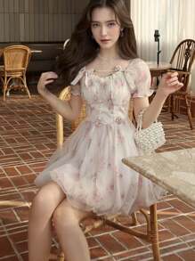 夏秋女士花卉印花网眼连衣裙甜美泡泡袖返校花蕾连衣裙生日派对音乐会服装女士返校节迷你连衣裙 - 查看 5