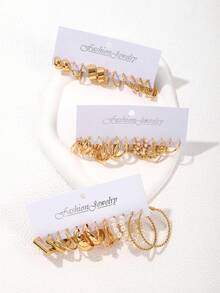 48-12pcs Bohemian Hoop Earrings Set, Faux Pearl And Hollow Flower Design Earrings, Versatile Daily Jewelry Gift For Women - Gold - View 8