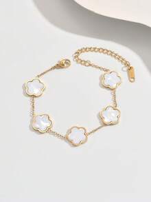 1pc Stainless Steel Four Leaf Clover Bracelet, Minimalist And Fashion, Suitable For Various Occasions - Yellow Gold - View 12