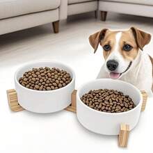 Ceramic Cat/Dog Bowl With Anti-Slip Wooden Stand, Elevated Pet Food & Water Bowl, Round Pet Feeding Bowl, Dishwasher , Easy To Clean - White - View 4