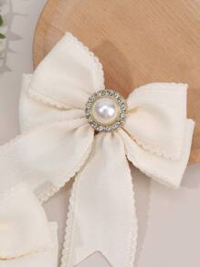 2 piezas Pinzas para el cabello con lazo en beige para niñas, decoradas con encaje, perlas y rhinestone, accesorios para el cabello de moda para uso diario de niñas