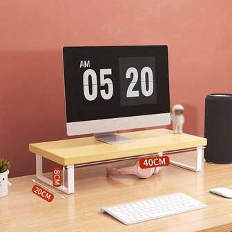 1pc Wooden Computer Monitor Riser Stand, Steel Frame With Wooden Surface, Display Holder Desk Organizer