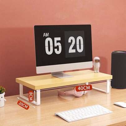 1pc Wooden Computer Monitor Riser Stand, Steel Frame With Wooden Surface, Display Holder Desk Organizer