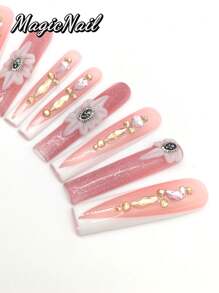 10 Pieces Of Pure Hand-Pressed Wearable Nail, Press On Nails,Nail Supplies,Nails Ptess On,Beach Essentials,55mm-Length Nail Pieces, Flesh-Colored White Dark V-Shaped, Hand-Kneezed Convex Petals With Metal Jewelry Flower Heart, Moon-Shaped Rhinestone