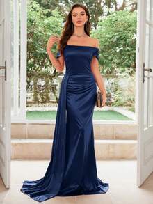 MUXXN Off-The-Shoulder Draped Side Slit Satin Formal Dress - Navy Blue - View 3