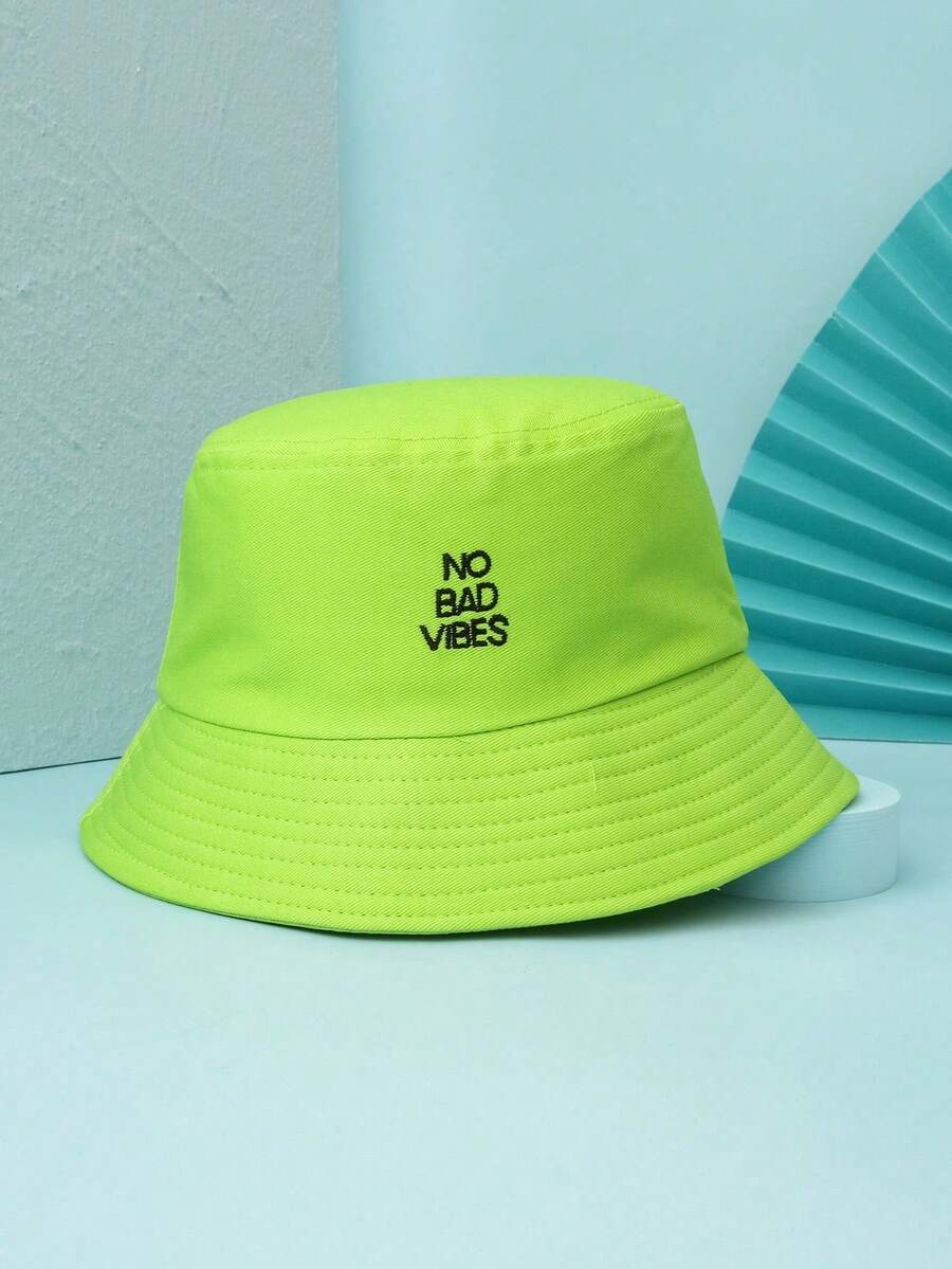 1 件男女通用刺绣“No Bad Vibes”字母印花透气渔夫帽，多功能户外防晒休闲装 - 綠色 - 查看 1