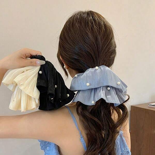 Satin Pleated Pearl Hair Scrunchie, Extra Large Hair Tie For Ponytail Rhinestone Pleated Chiffon Oversized Hair Scrunchie, Bun Holder Soft Pleated Pearl Hair Scrunchies, Hair Ties For Low Ponytail, Gentle Hair Accessories Netted Pearl Decorated Hair Scrunchies, High-End, Pure And Gentle, Perfect For Photoshoots