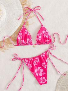 Women's Ditsy Floral Halter Tie-Up Bow Bikini 2 Pieces Swimsuit Set, Sexy Beach Vacation Outfit, Summer