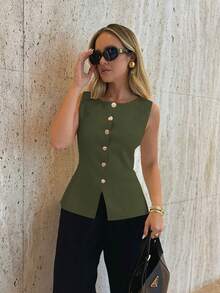 Women's Chic Elegant Solid Metal Button Open Front Sleeveless Knit Cardigan Vest,  Modest Minimalist Versatile Waistcoat, Spring /Summer Daily, Commute Wear - Dark Green - View 2