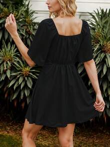 Vestido Casual de Manga Corta con Volante y Escote Corazón con Nudo Fruncido para Mujer - Negro - Ver 2
