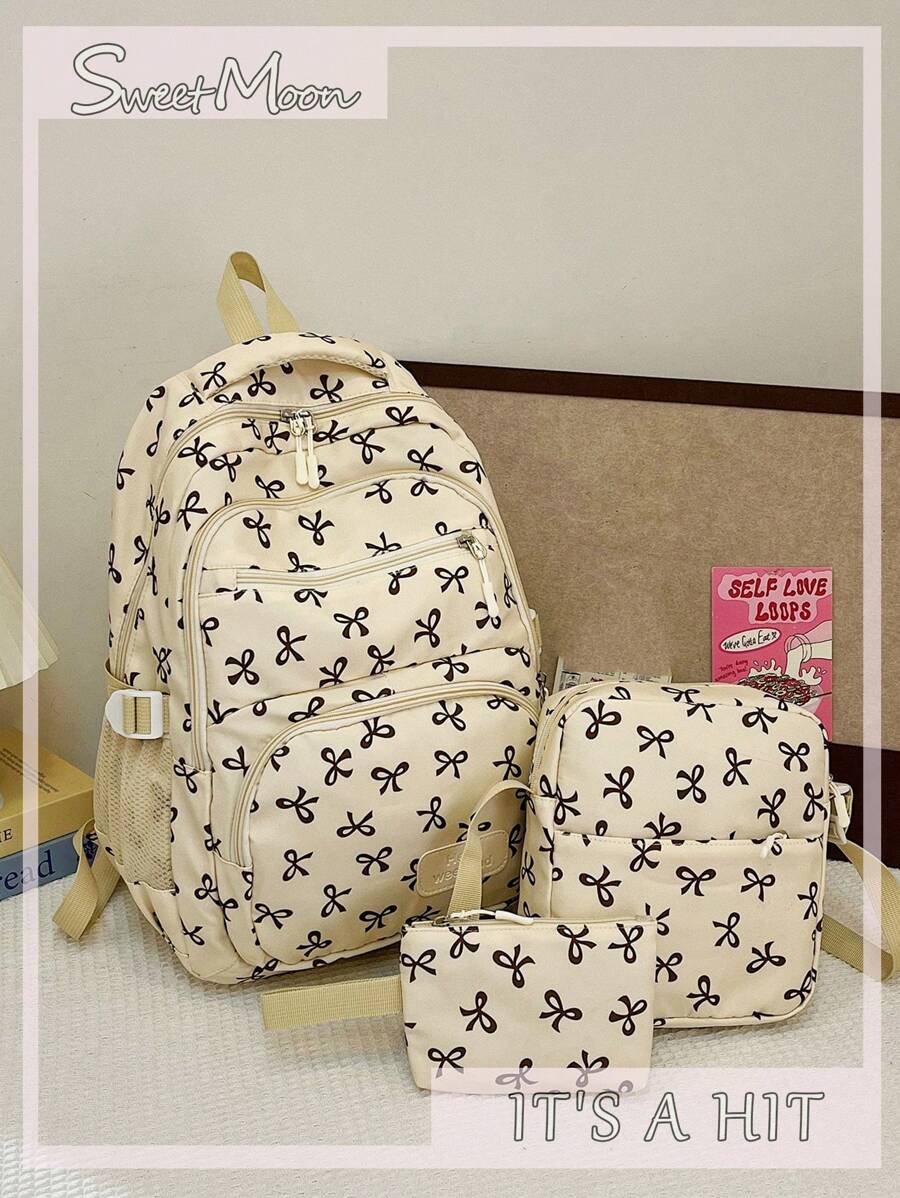 3 Pieces Set Solid Color Nylon Casual Fresh Style Strawberry, Bow Knot, Cherry Allover Printed Lanyard, Foldable Large Capacity Zipper Backpack, Suitable For Women,College Students, Going To School, Shopping, Travel Storage Bag