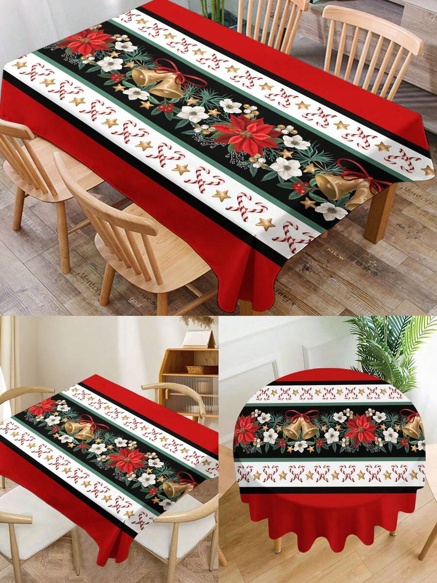 1pc Cartoon Christmas Series Print Tablecloth, Modern Polyester Fiber Rectangular/Round Waterproof Tablecloth For Living Room, Outdoor Dining Table, Small Round Table - Black and White - View 1