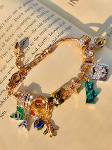 1pc Travel Souvenir Charm Bracelet, Fashion Map & Star Bracelet, Retro Statue Of Liberty Bracelet, Classic Lock Ladies Bracelet