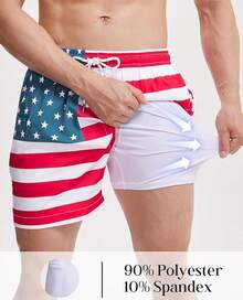 Mens Swim Trunks With Compression Lined Short Bathing Suits For Men 5 Inch Inseam Liner Men's Swimming Trunk - American Flag - View 3