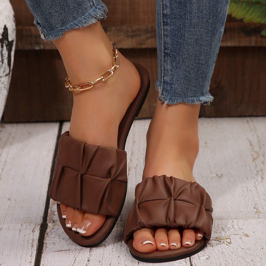 Women Sandals Summer Pleated Flat Square Toe Slippers Fashionable - 棕色 - 查看 1