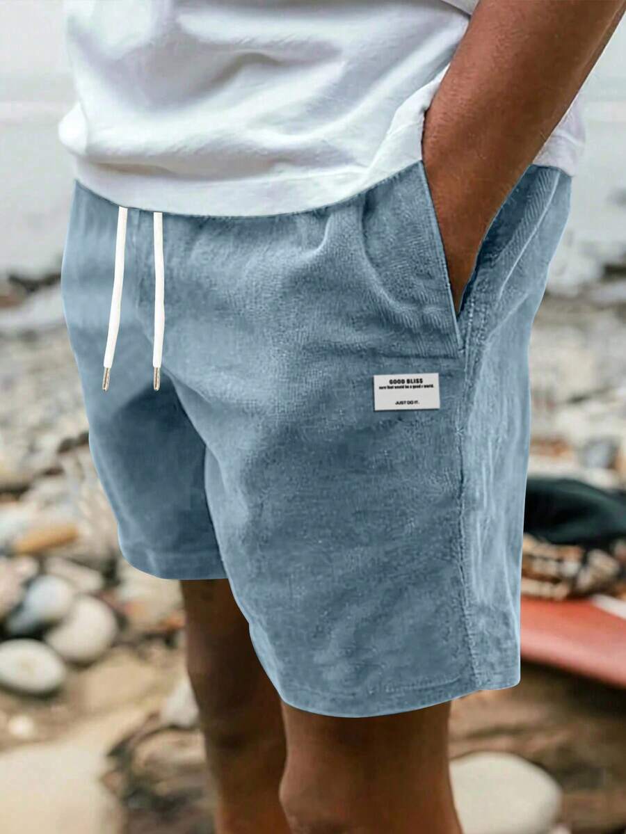 男士夏季灯芯绒直筒短裤，休闲个性化印花简约宽松舒适百慕大裤，秋冬款 - 藍色 - 查看 1