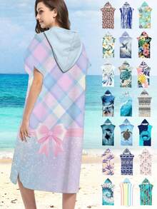 1pc Plaid Butterfly Print Hooded Cape/Robe - Super Soft Microfiber Butterfly Pattern, Suitable As Gift For Boys, Girls, Couples - Beach & Home Decor, Couples Shawl | Microfiber Bathrobe, Suitable For All Occasions Back To School - Multicolor - View 12