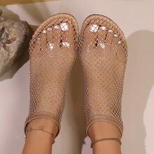 Sandali con strass decorativi in rete da donna, sandali estivi con suola piatta glitterata in stile vacanze, colore oro - Dorato - Visualizzare 2