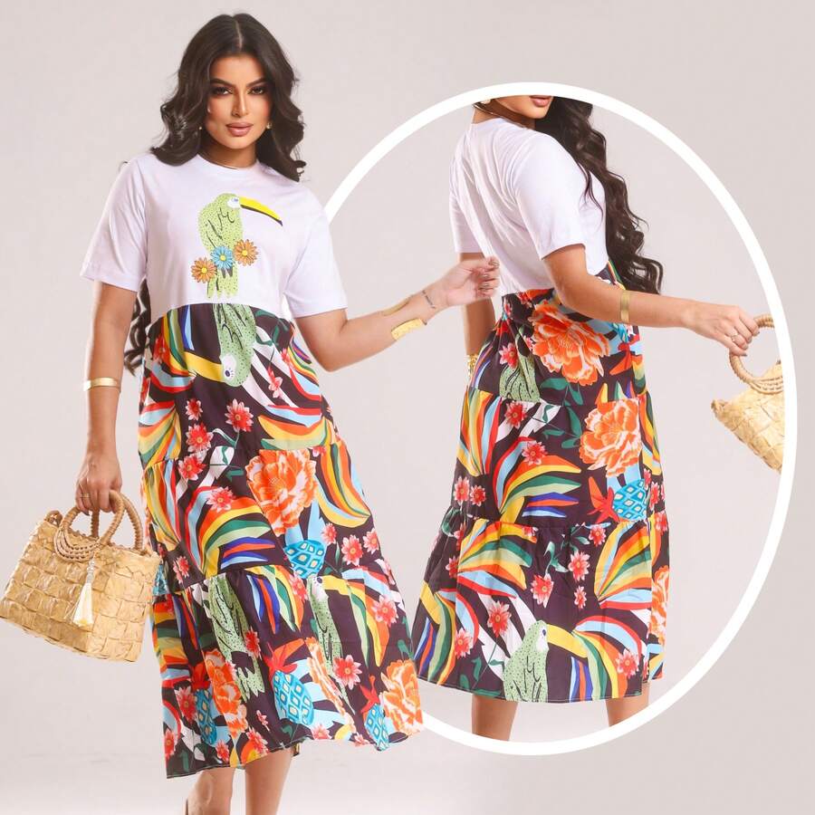 Women's Midi Dress Printed Fashion Elegant Loose Comfortable Floral Colorful Silk Tropical - trắng - Xem 1