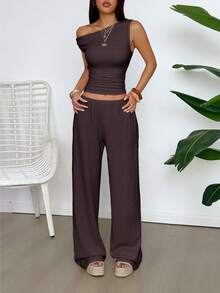 GAOVOT Women's Two Pieces Summer Y2K Sexy Elegant And Casual Butter Yellow Knitted Texture Off-The-Shoulder T-Shirt Top And Loose Straight Wide-Leg Pants Set - Brown - View 2