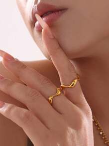 Anel minimalista com formato de onda irregular, curva, banhado a ouro 18k, aço inoxidável, aberto, ajustável, joia diária, presentes de aniversário de casamento