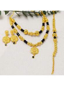 3 件套 24K 镀金铜串珠空心手工项链和手链首饰，时尚、百搭，适合女性、婚礼配饰