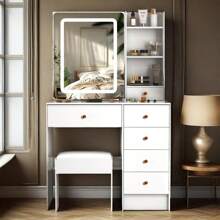 Specchio da trucco a LED in legno massello di lusso scandinavo bianco-crema in stile INS | Postazione di lavoro monoblocco + ampio cassetto portaoggetti | Area trucco da principessa femminile | Nel magazzino | Consegna veloce