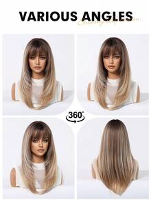 Elegant Blonde Wig High-Density 150% Elegant Ombre Blonde Wig With Bangs Straight Layered Synthetic Hair, Matte Finish, Perfect For Casual Attire, Rose Net Cap, Versatile Styling For Women Of All Ethnicities, Casual Hairpiece - Brown Ombre - View 8