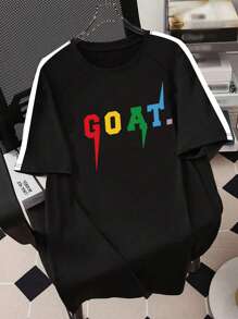 1 pieza Camiseta de manga corta con estampado y contraste de rayas para adolescentes varones, para uso casual al aire libre en primavera/verano/otoño