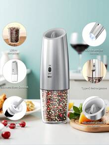 CLITON 1pc/2pcs Stainless Steel Electric Pepper Grinder, Gravity Switch - Rechargeable 500mAh Battery And 135mL LED Lighting Container, Auto On/Off Sensor, Premium Kitchen Gift