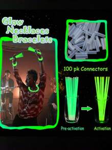 100 مجموعة من عصي الإضاءة الخضراء والقلائد المضيئة، مناسبة لديكورات حفلات الكبار وهدايا الحفلات. هذه العناصر يمكن أن تضيء باستمرار لمدة 8 إلى 12 ساعة. لها تأثير الإضاءة الليلية، مما يجعل هدايا الحفلات تلمع بشكل لامع. أساور اليد والقلائد والأضواء النيون وعصي الإضاءة المضيئة لحفلات الزفاف