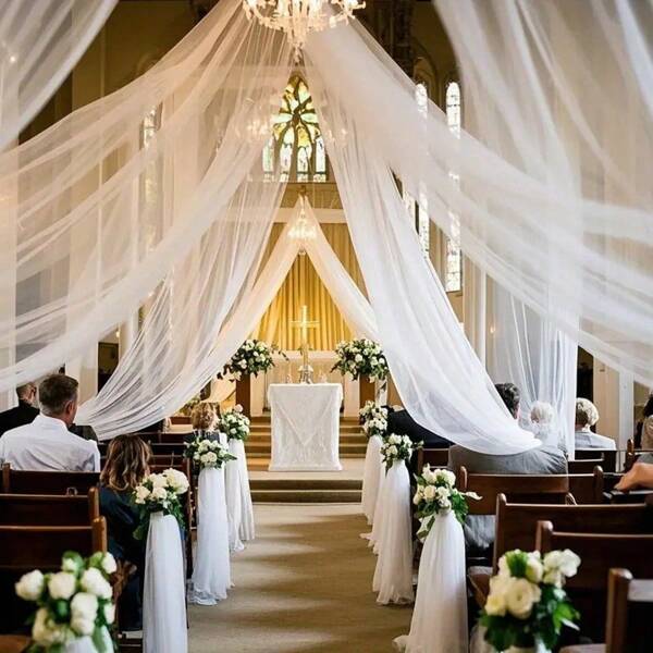 Klasyczne białe tło ślubne z tiulu - duża przezroczysta siatka z włókien poliestrowych, odpowiednia do dekoracji tiulowych na ceremonie i wesele. 1 sztuka, 26,2-stopowa biała zasłona ślubna w kształcie łuku - lekki poliester, odpowiednia na wesela, przyjęcia walentynkowe i romantyczną dekorację, do użytku wewnątrz i na zewnątrz | Klasyczny i elegancki styl | Lekka tkanina