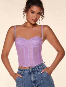 Women's Cropped Corset Lace Corselet Adjustable Strap  Corset Blouse Top - tử đinh hương - Xem 3