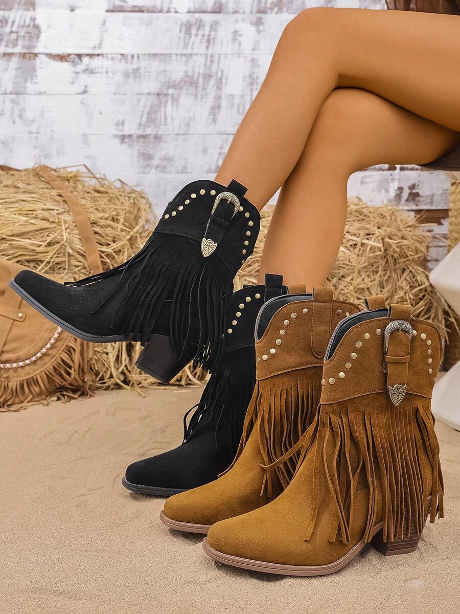 秋冬女装时尚V领铆钉流苏休闲粗跟短款西部靴，牛仔靴 - 黑色 - 查看 1