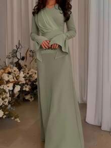 1pc Elegant Sage Green Dress, Muslim-Friendly, Long Sleeve Design, Suitable For Women, Perfect For Special Occasions - Pea Green - View 4