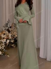 1pc Pea Green Elegant Wedding Guest Long Dress With Long Sleeves For Women,Modest