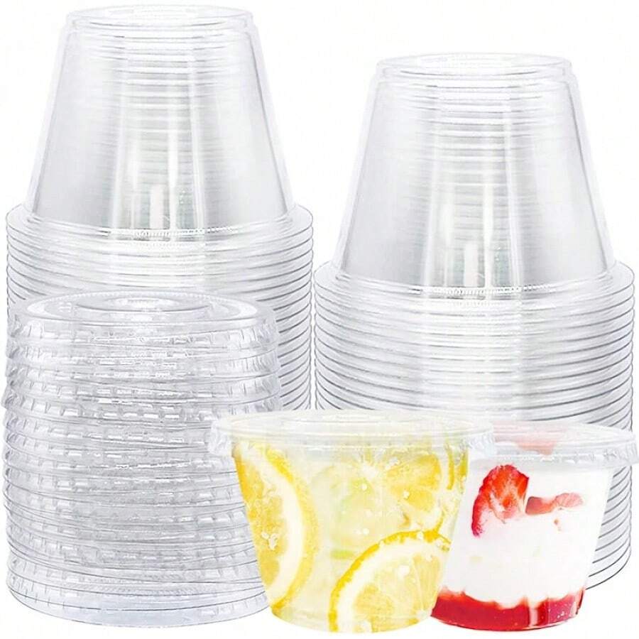 Vasos de plástico transparente con tapas, paquete de 50 minituazas de 6 onzas con tapas de cúpula (sin agujero), vasos desechables para fiestas para postres, bebidas frías, frutas, cupcakes, helado, aperitivos y dulces - Paquete de 50 vasos con tapas planas - Ver 1