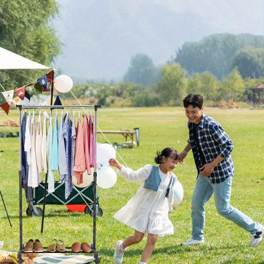 Clothes Rail Adjustable Garment Rack Telescopic Coat Rack Hanging Rail Clothes Stand With Shoe Shelf And Casters Clothing Rack For Small Place Organiser Shelf Bedroom Clothing Rack - Black Single Rail - View 1