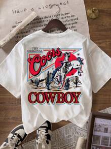T-shirt casual a girocollo stampata in stile western cowboy, comoda