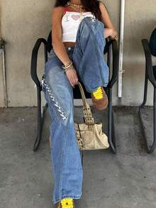 Women's Washed Denim Straight Leg Jeans With Tie Detail, Autumn - Medium Wash - View 8