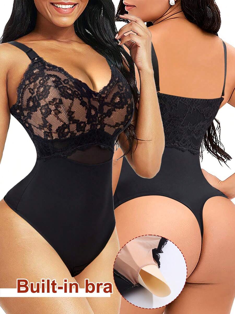 Women's Shapewear Bodysuit With Built-In Padded Bra Full Body Shaper Tummy Control Slimming Lace Corset Thong Waist Trainer Firm Control Body Suit - 黑色 - 查看 1