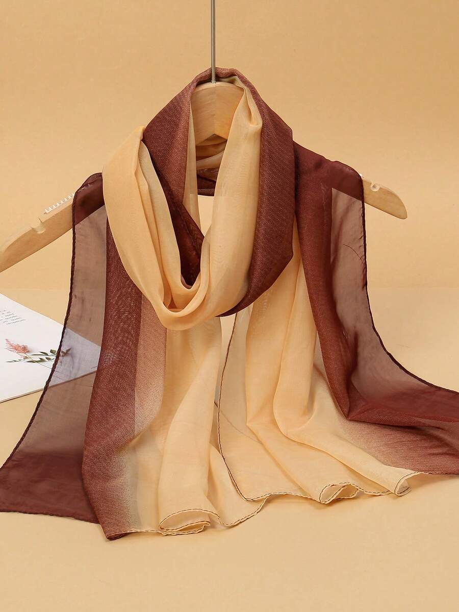1 件女士简约经典渐变色轻质雪纺围巾，舒适亲肤防晒披肩，适合日常使用，女士长袍 - 棕色 - 查看 1