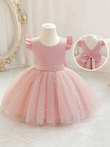 Baby Girls Cap Sleeve Bowknot Party Dress Princess Tulle Gown, Elegant For Birthday, Banquet, Party, Holiday Celebration Events