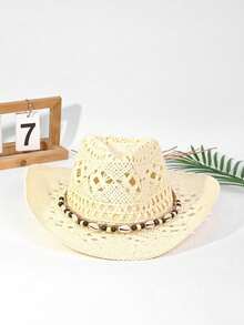 1pc Bohemian Shell Hollow-Out Straw Hat, Western Cowgirl Beach Sun Hat, Mother's Day Gift, Suitable For Vacation, Photography, Daily Wear, Hiking, Beach