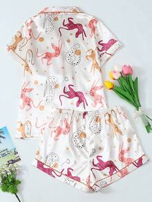 Conjunto de pijama de short y blusa de manga corta con estampado animal para mujer