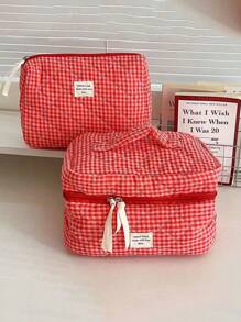1 pieza Bolsa de maquillaje de estilo reticulado, juego de bolsos de estilo coreano acolchado en color rosa rojo, estilo Ins, elementos esenciales de vacaciones para niñas, bolsa con cremallera de gran capacidad, cartera, bolsa para tampones, bolsa de belleza con estampado de mariposa, accesorios esenciales de primavera para damas, bolsa de almacenamiento de uso diario para viajes, regalo para boda, dama de honor, Navidad, Día de la Madre, Día de la Enfermera, Día del Maestro