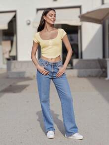 Women's Button Up Crop Top Ribbed Scoop Neck Cap Sleeve Shirt Slim Fit Summer Blouse For Casual Streetwear - 黃色 - 查看 8