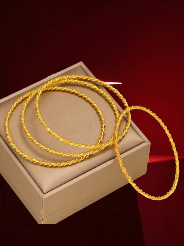 4pcs 18k Gold Plated Twisted Copper Wire Bangle Bracelets, 3 Sizes Available, Fashionable Party, Gift, Daily Wear